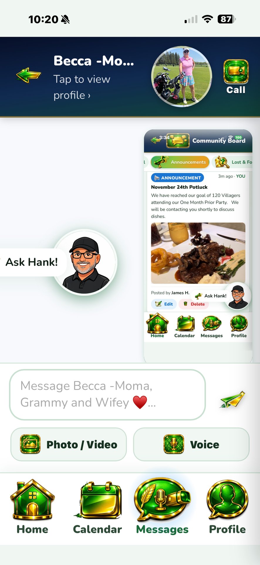 Messages screen